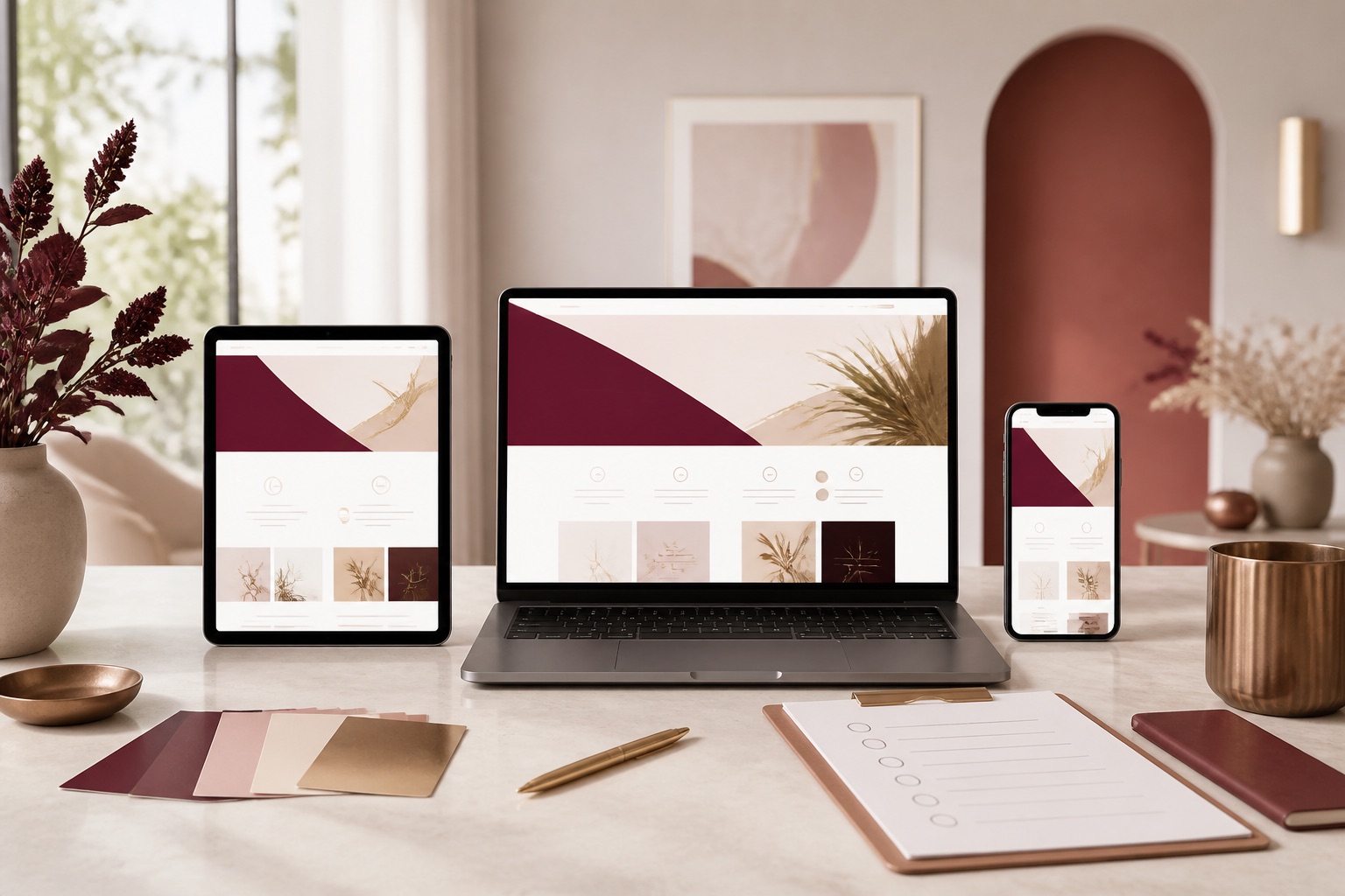Responsive one-page business website displayed on laptop, tablet and mobile