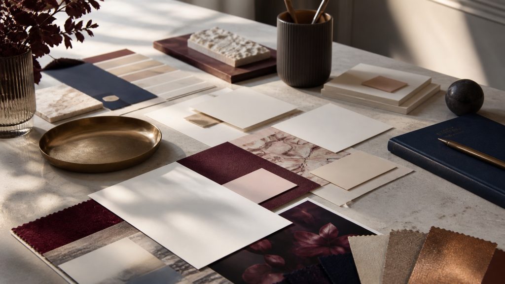 Brand strategy workspace with positioning, colour and identity planning