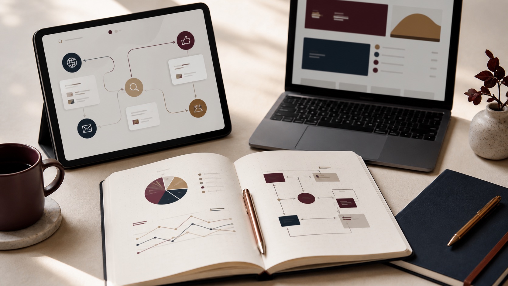 Digital strategist planning business growth across website, search and social media