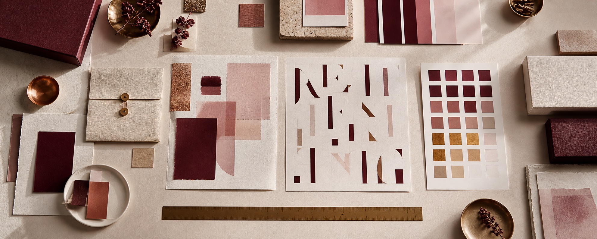 Brand identity workspace with colour, typography and premium design materials