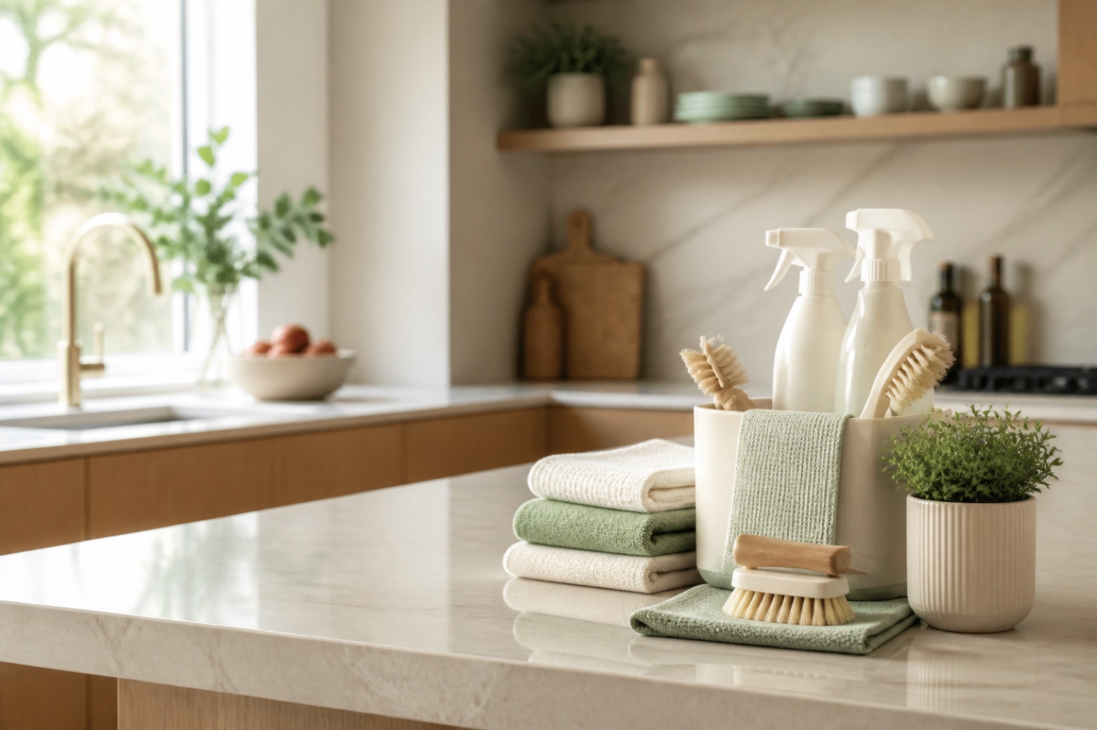 Eco friendly cleaning tools in a bright modern kitchen