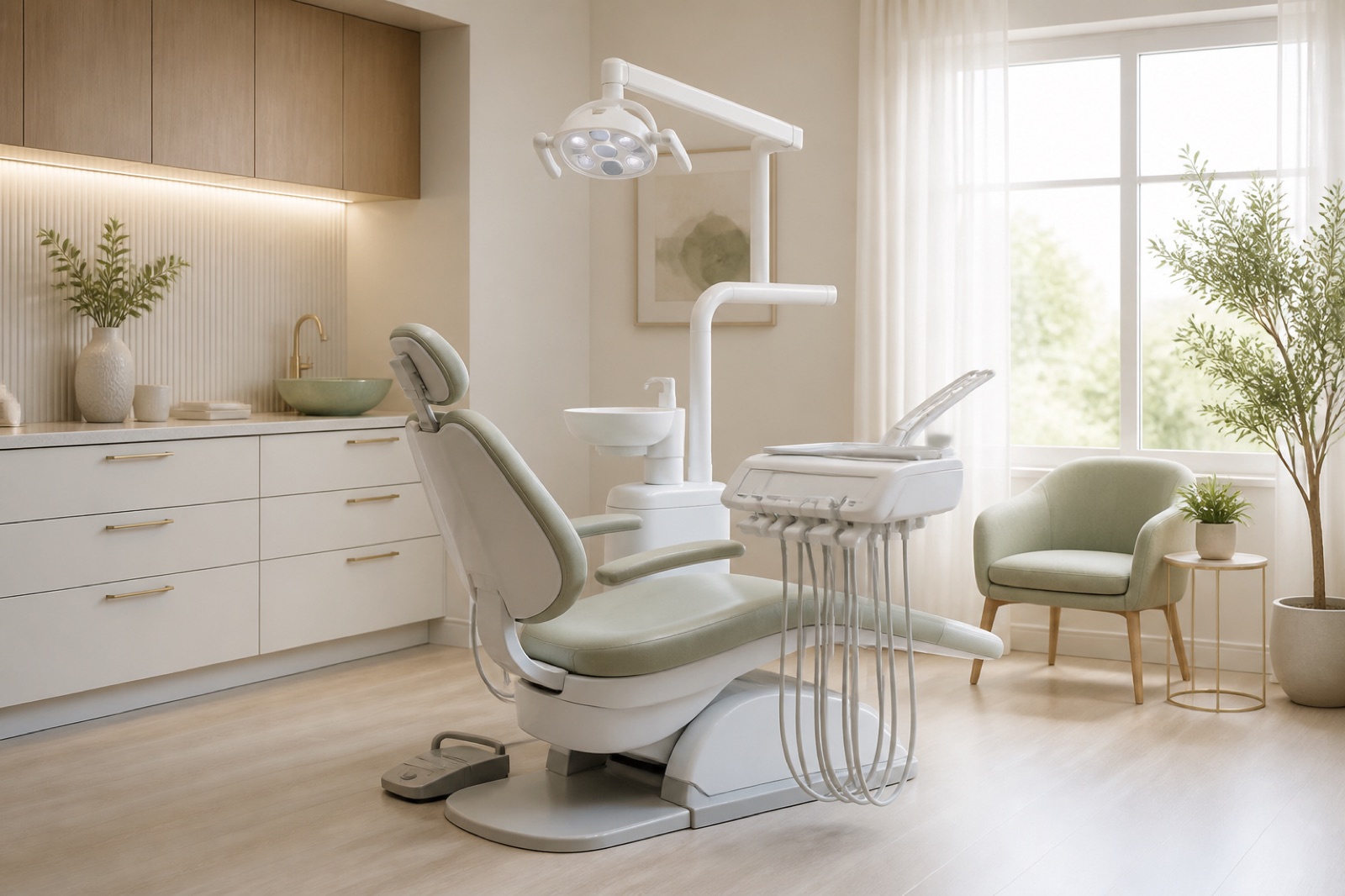 Welcoming modern dental treatment room in warm neutral colours