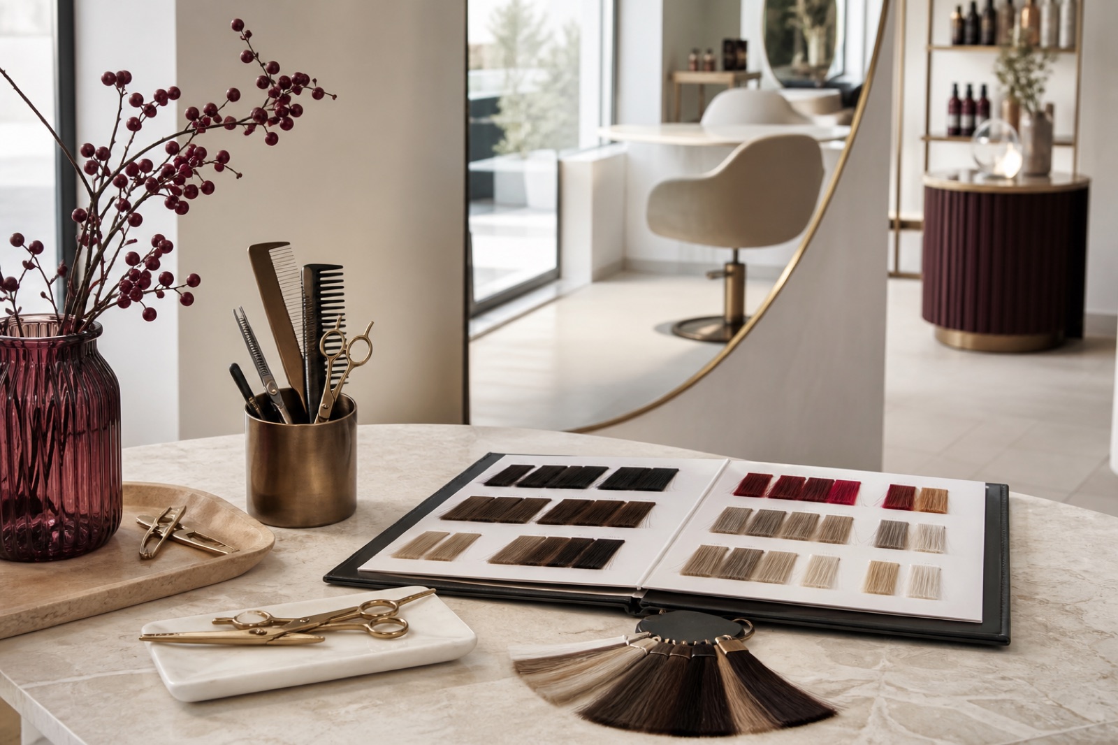 Hair salon colour consultation board with professional tools