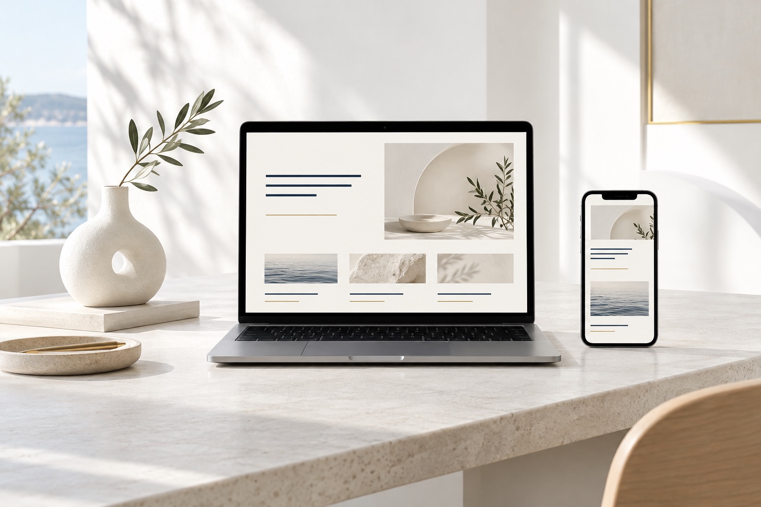 Illustrative ivory and navy website concept on laptop and mobile