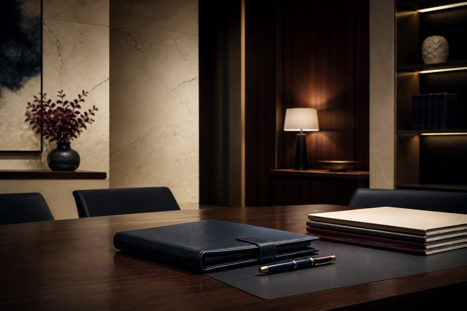 Modern law firm consultation table with leather folio and documents