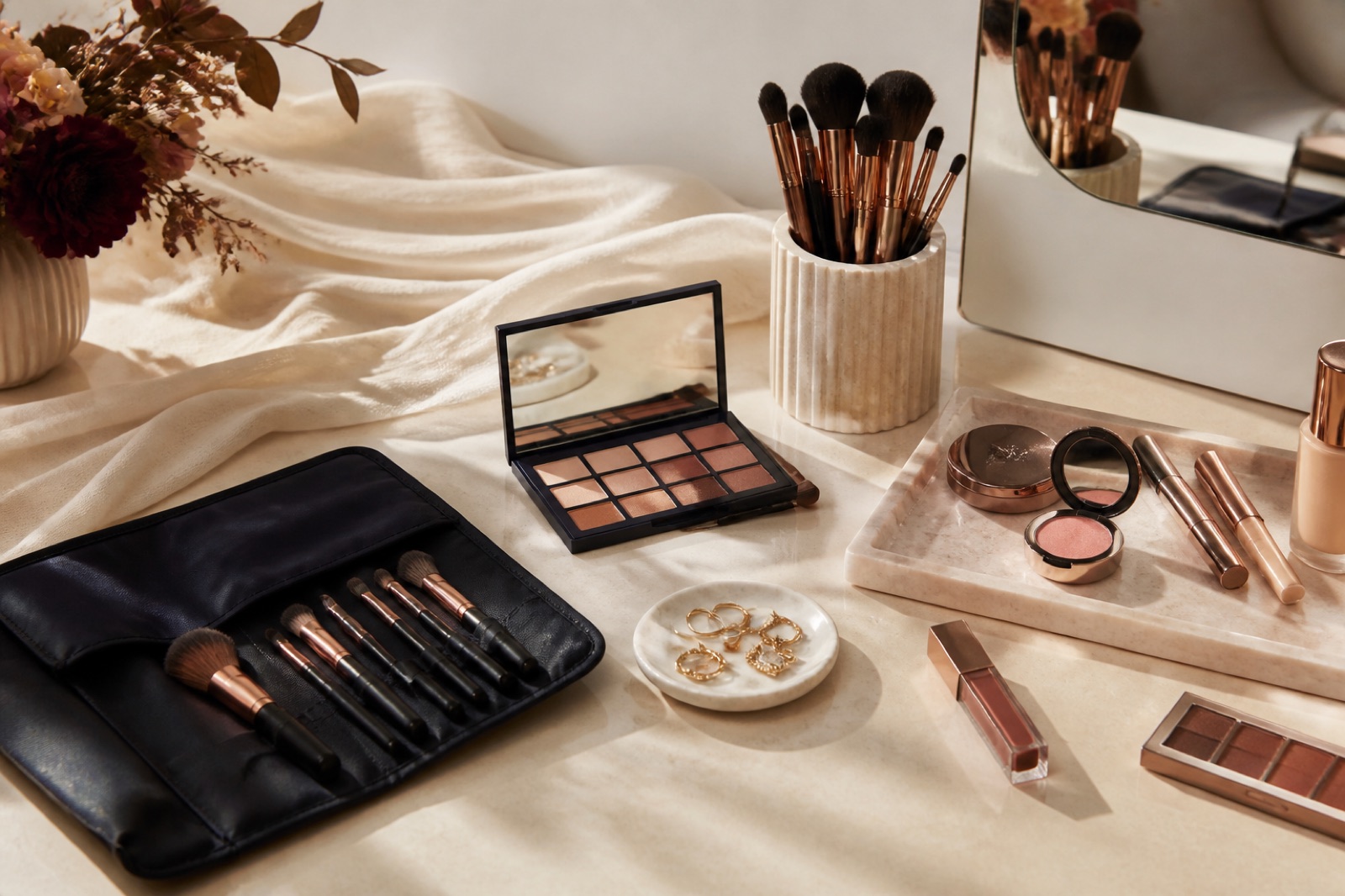 Professional makeup artist tools arranged in a warm studio
