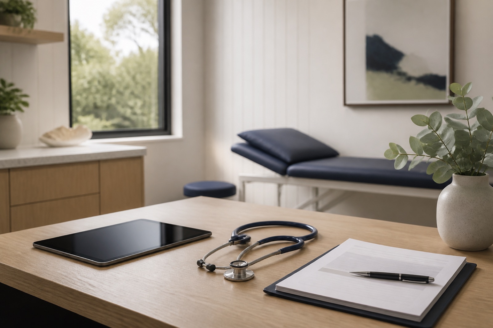 Medical consultation desk with stethoscope, tablet and patient notes