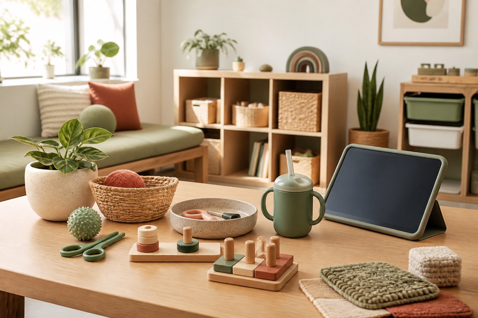 Occupational therapy workspace with sensory and fine motor tools