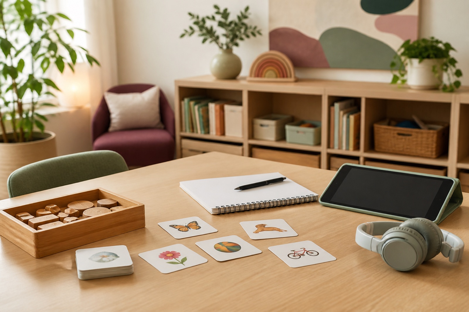 Speech pathology workspace with language cards, tablet and headphones