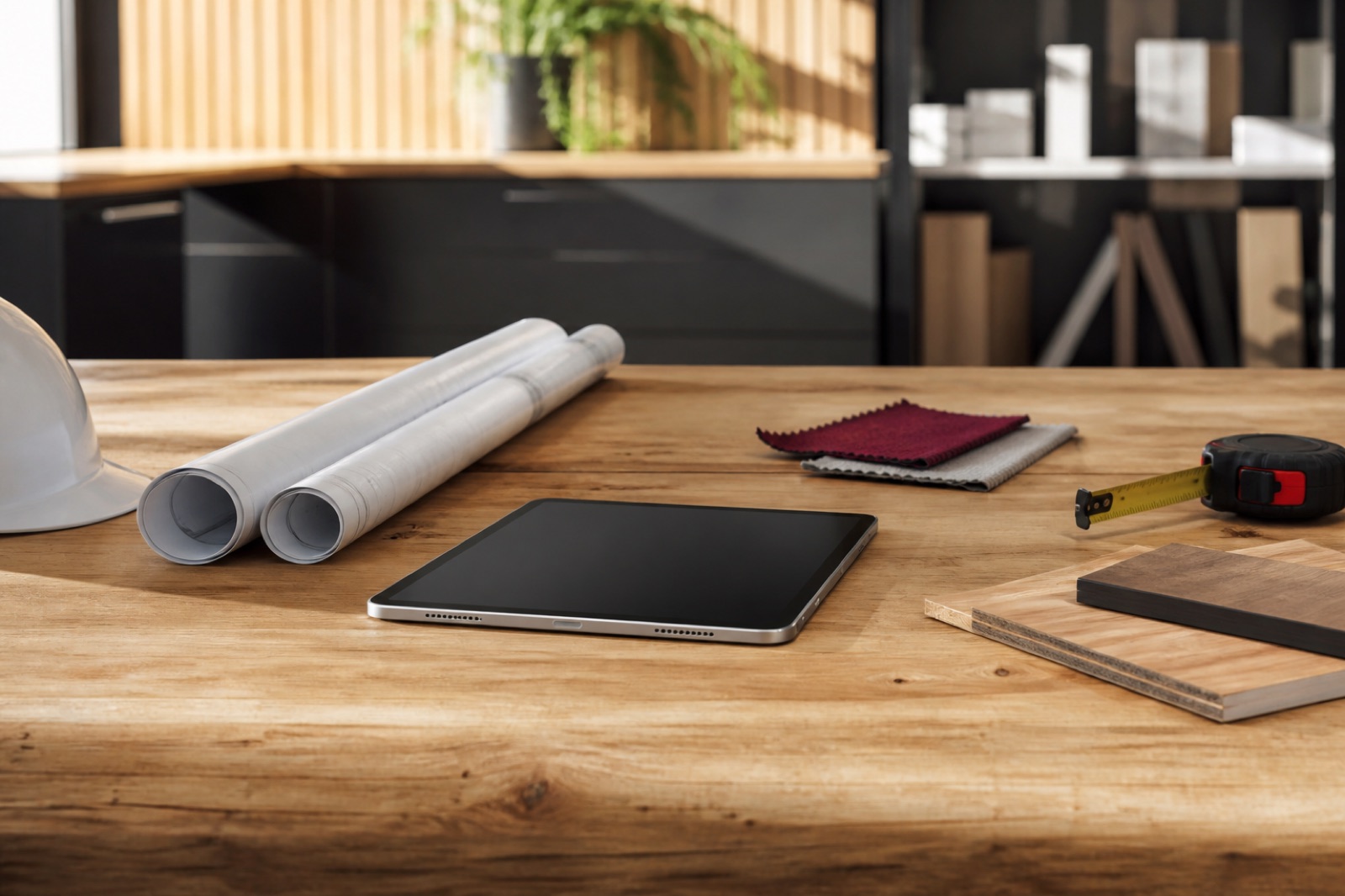 Tradie planning desk with building plans, tablet and tape measure