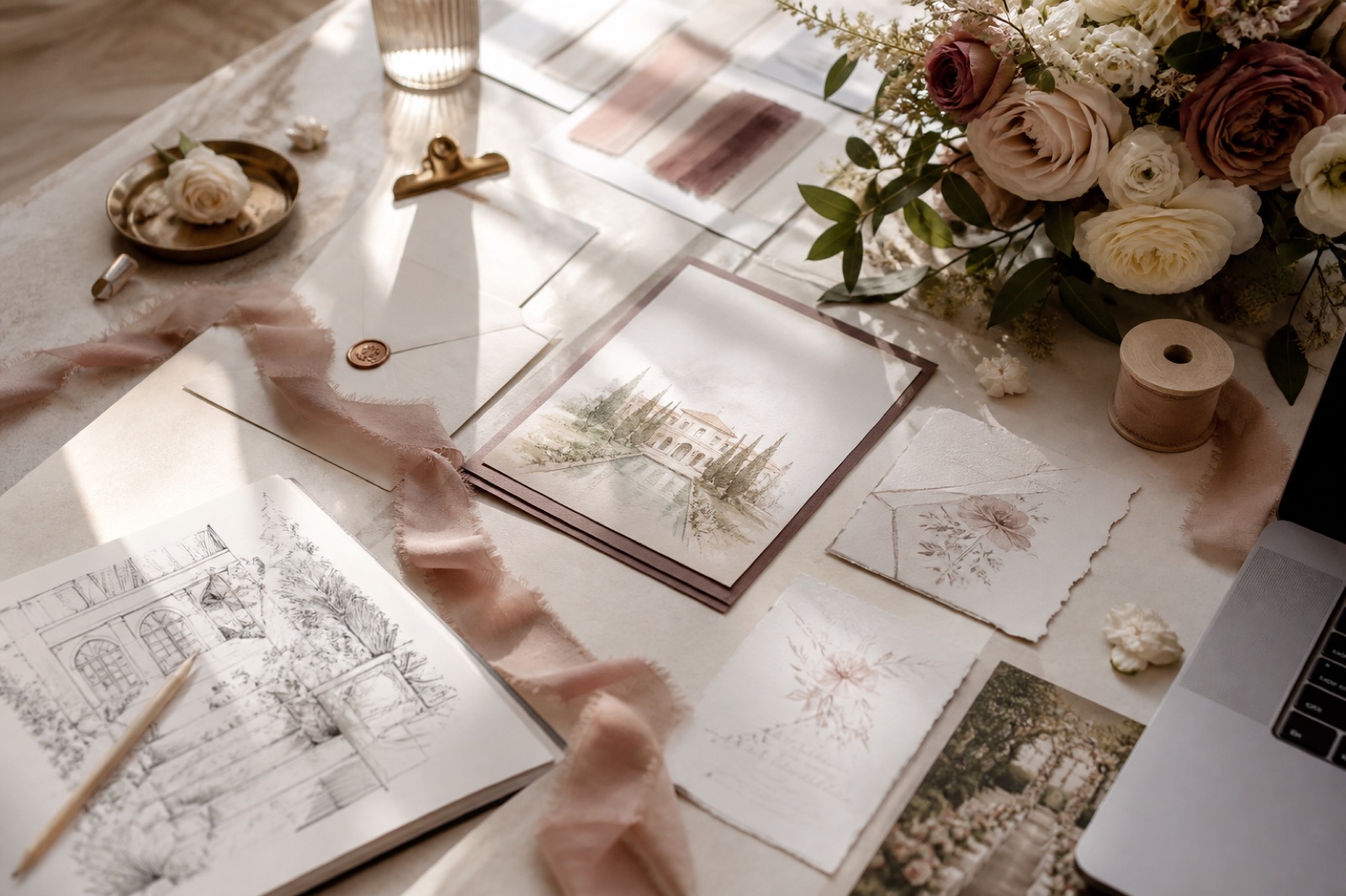 Wedding planning table with florals, stationery and venue sketches