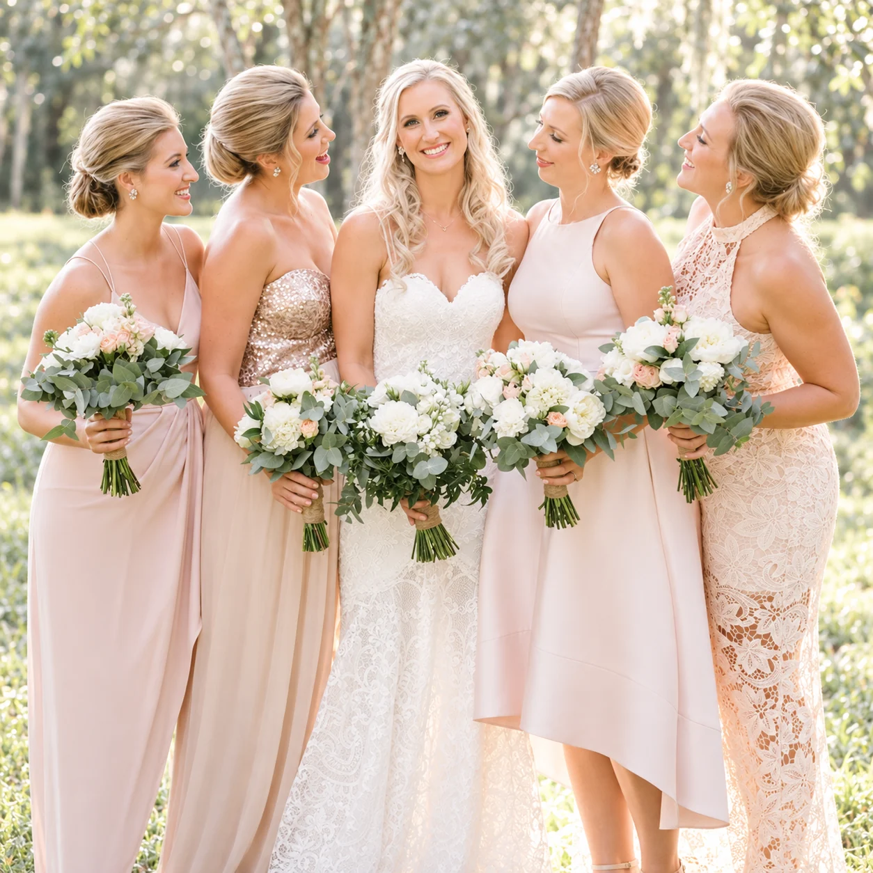 Bride and four attendants from Lauren Veling’s professional hair and makeup portfolio
