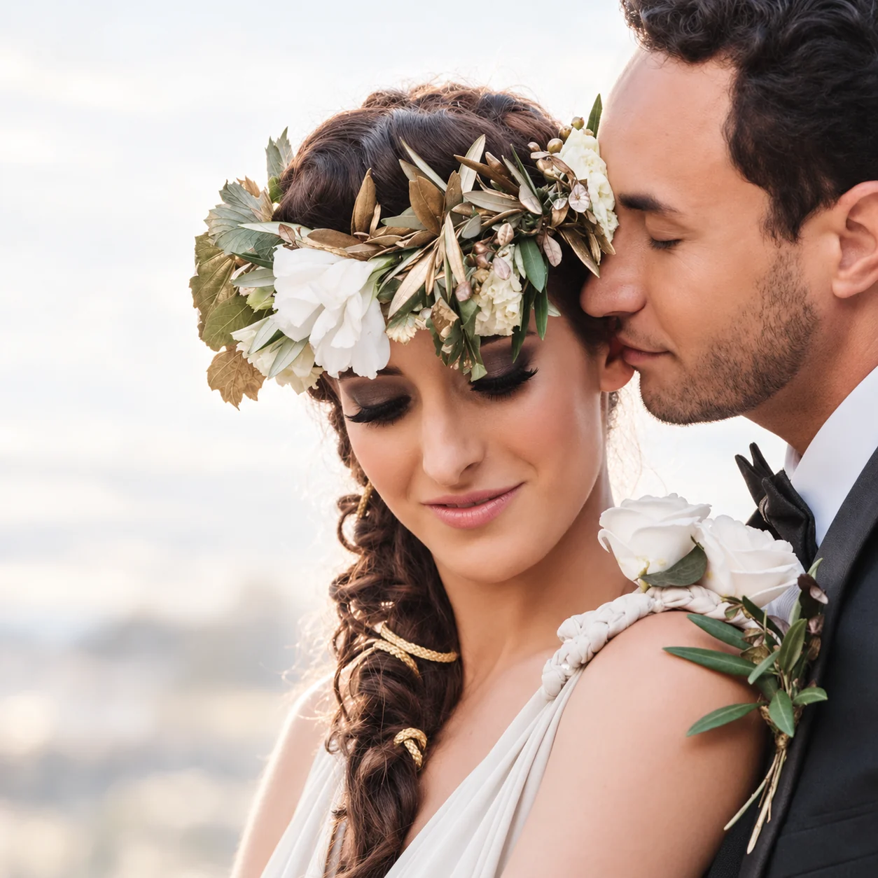 Bridal makeup by Lauren Veling on a floral-crown bride with her groom